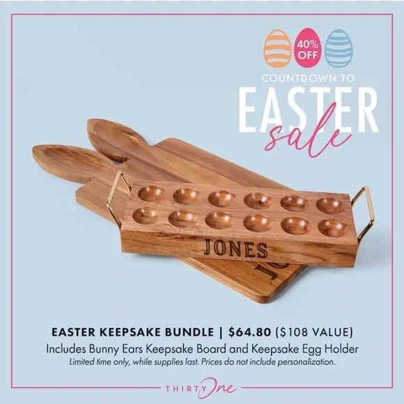 Thirty-One Wooden Cutting Board with Bunny Ears